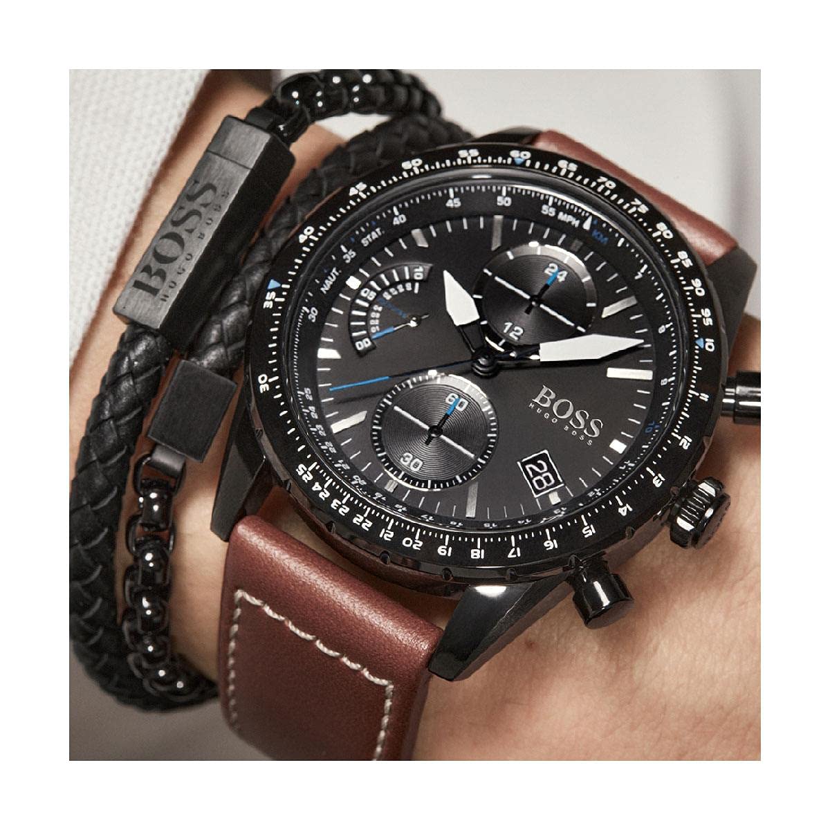 Hugo Boss Pilot Chronograph Black Dial Brown Leather Strap Watch for Men - 1513851