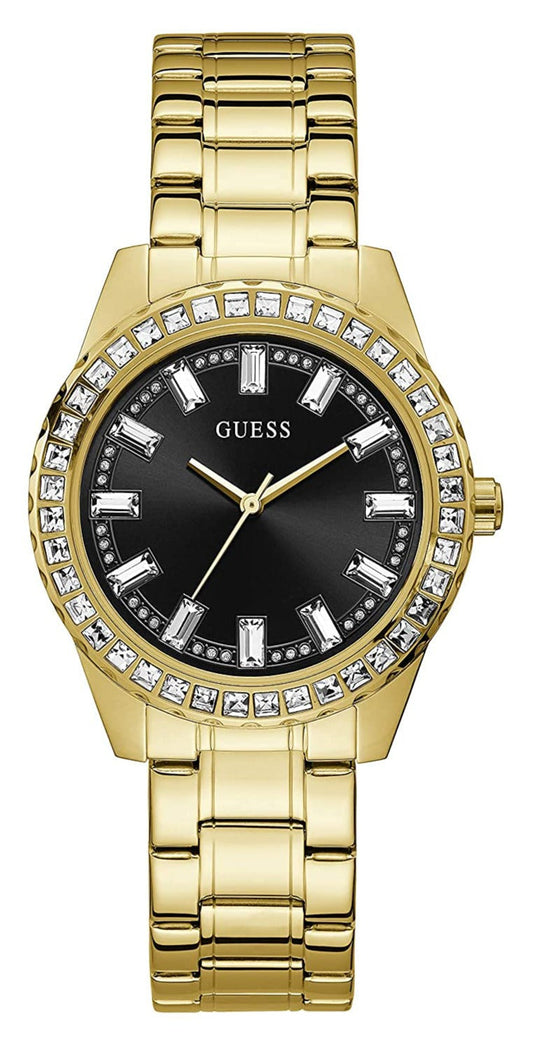 Guess Sparkler Diamonds Black Dial Gold Steel Strap Watch for Women - GW0111L2