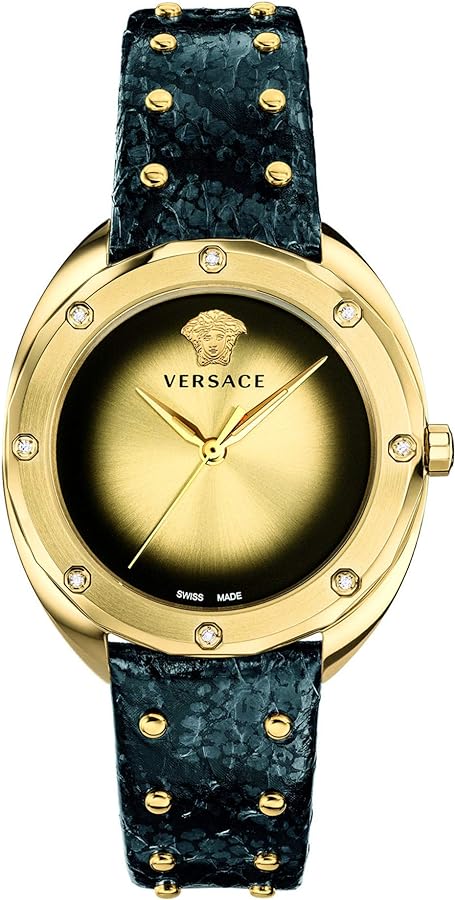 Versace Shadov Gold Dial Green Leather Strap Watch For Women - VEBM01018