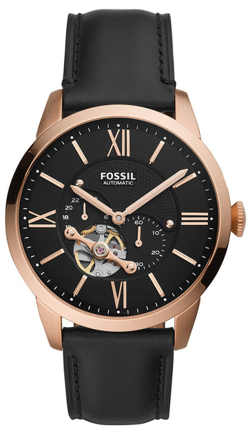 Fossil Townsman Automatic Black Dial Black Leather Strap Watch for Men - ME3170