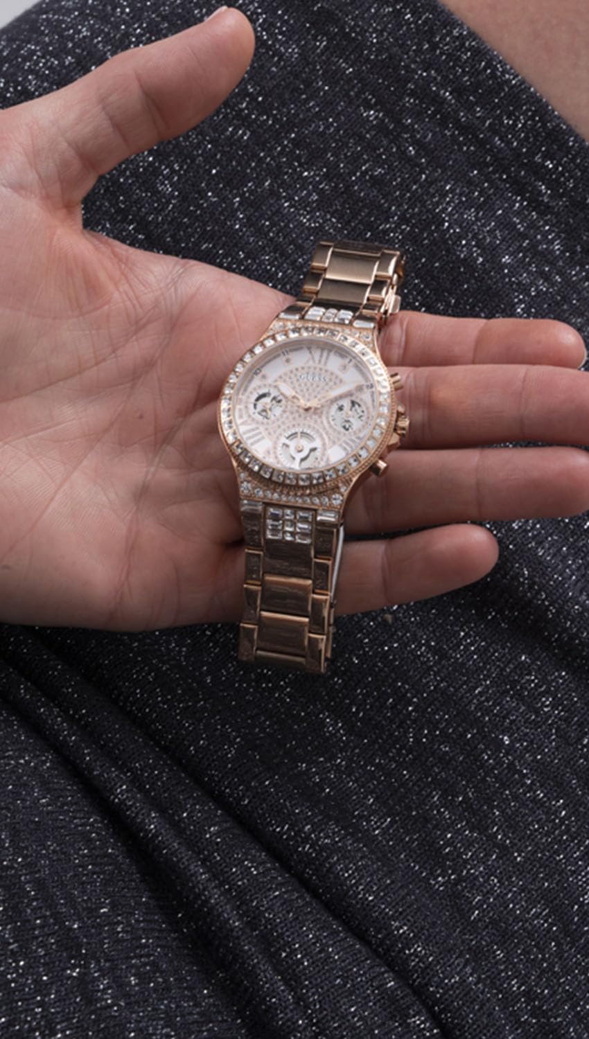 Guess Moonlight Multi Function Diamonds White Dial Rose Gold Steel Strap Watch for Women - GW0320L3