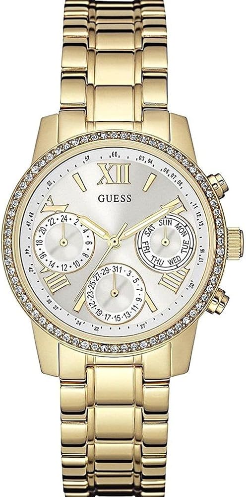 Guess Mini Sunrise Diamonds Silver Dial Gold Steel Strap Watch for Women - W0623L3