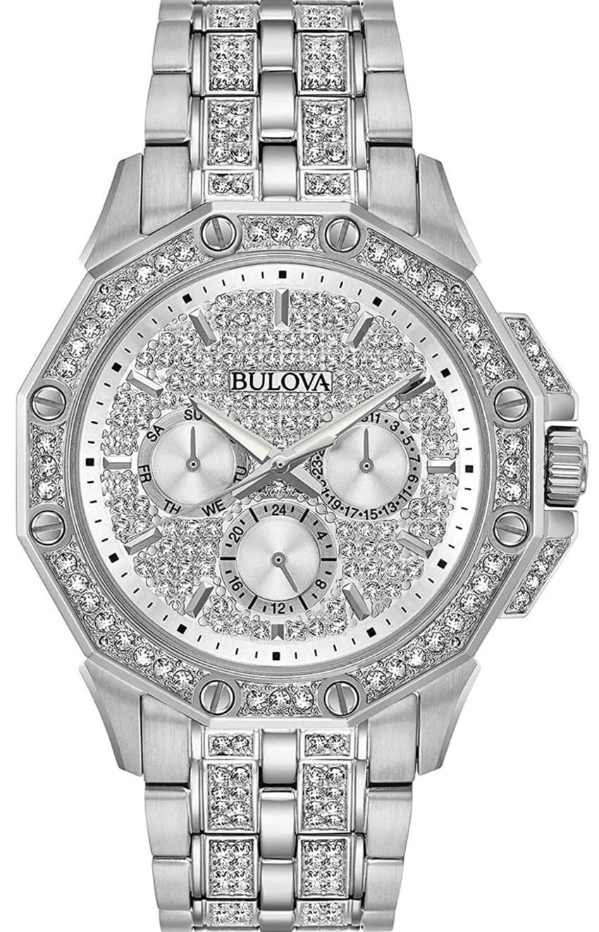 Bulova Crystal Collection Pave Crystals  Silver Dial Silver Steel Strap Watch for Men - 96C134