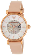 Emporio Armani Meccanico Skeleton Silver Dial Beige Leather Strap Watch For Women - AR60001