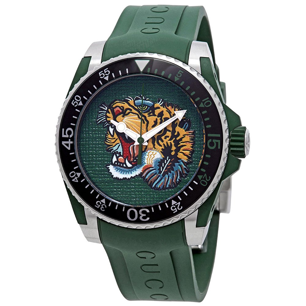 Gucci Dive Tiger Head Motif Green Dial Green Rubber Strap Watch For Men - YA136316