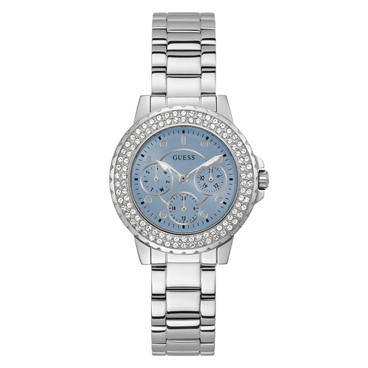 Guess Crown Jewel Diamonds Blue Dial Silver Steel Strap Watch for Women - GW0410L1