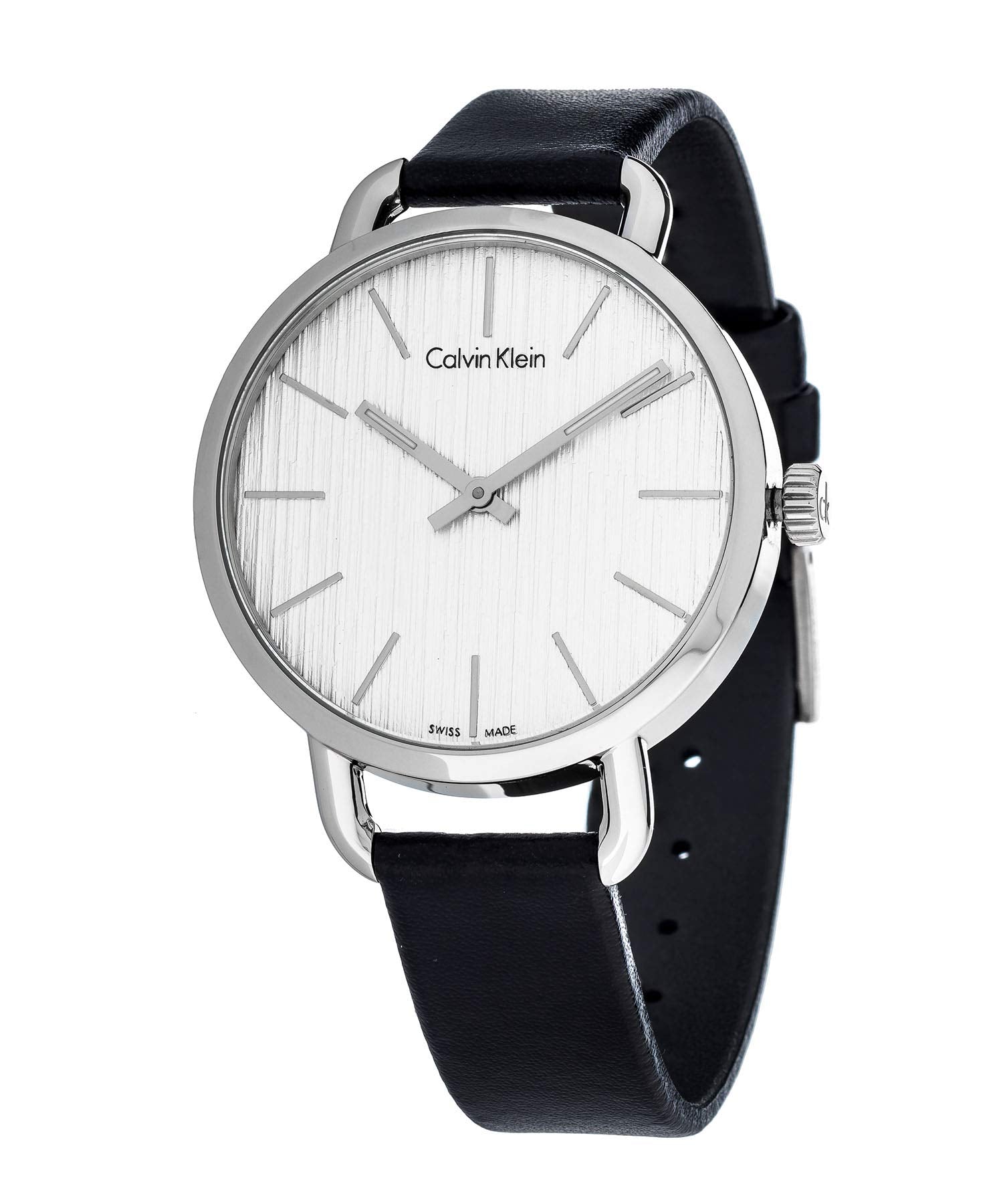 Calvin Klein Even Silver Black Leather Strap Watch for Women - K7B231C6