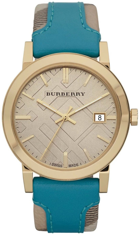 Burberry The City Gold Dial Turquoise Leather Strap Watch for Women - BU9018