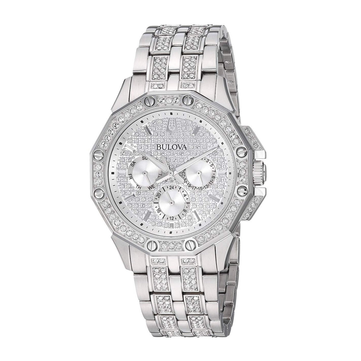 Bulova Crystal Collection Pave Crystals  Silver Dial Silver Steel Strap Watch for Men - 96C134