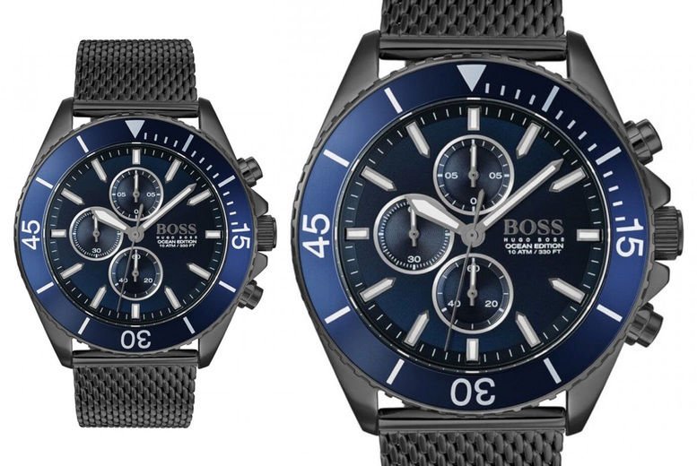 Hugo Boss Ocean Edition Chronograph Blue Dial Black Mesh Bracelet Watch for Men - 1513702