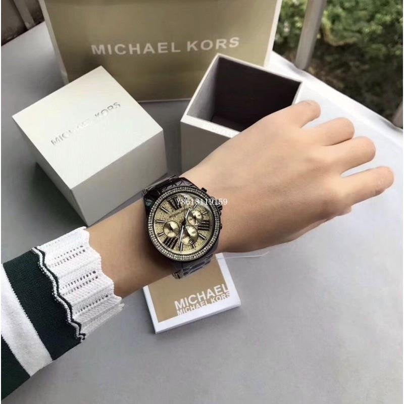 Michael Kors Wren Chronograph Gold Dial Black Steel Strap Watch for Women - MK5961