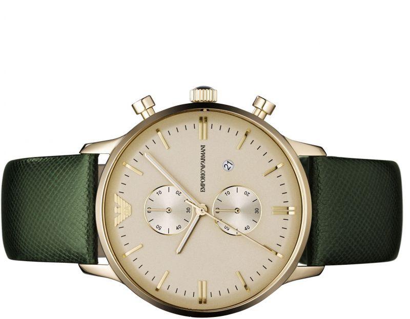 Emporio Armani Gianni Chronograph Champagne Dial Green Leather Strap Watch For Men - AR1722