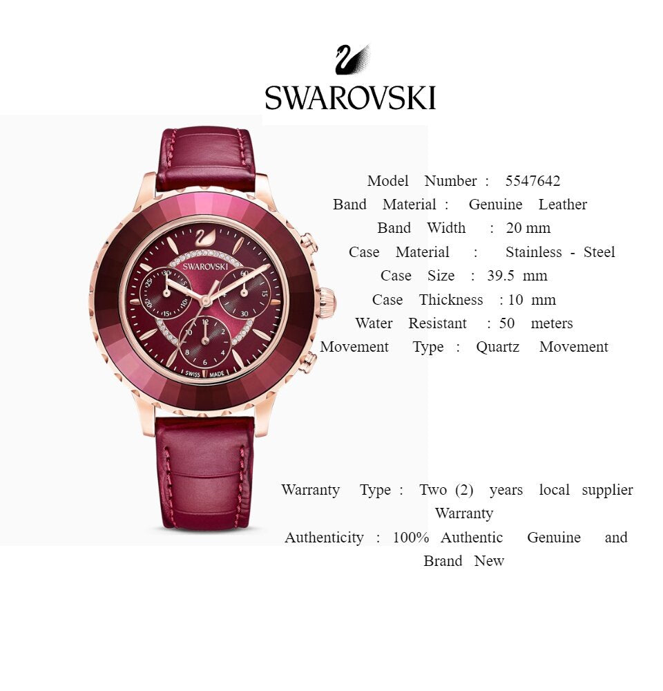 Swarovski Octea Lux Chrono Red Dial Red Leather Strap Watch for Women - 5547642