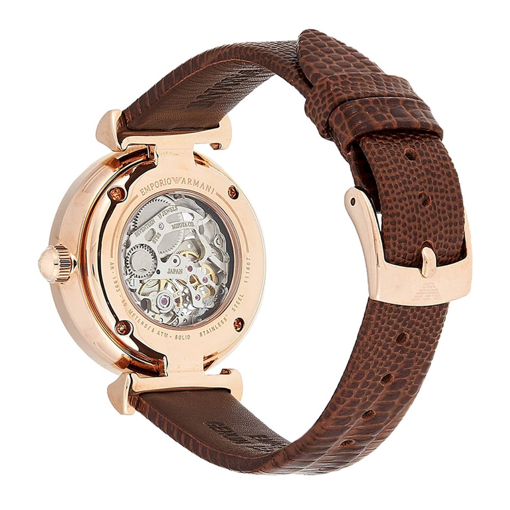 Emporio Armani Meccanico Mother of Pearl Skeleton Dial Brown Leather Strap Watch For Women - AR1993