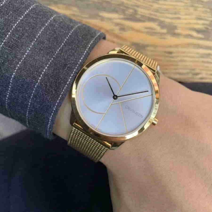 Calvin Klein Minimal White Dial Gold Mesh Bracelet Watch for Men - K3M21526