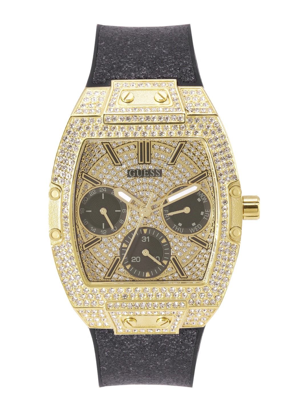 Guess Raven Diamonds Champagne Dial Black Rubber Strap Watch For Women - GW0105L2