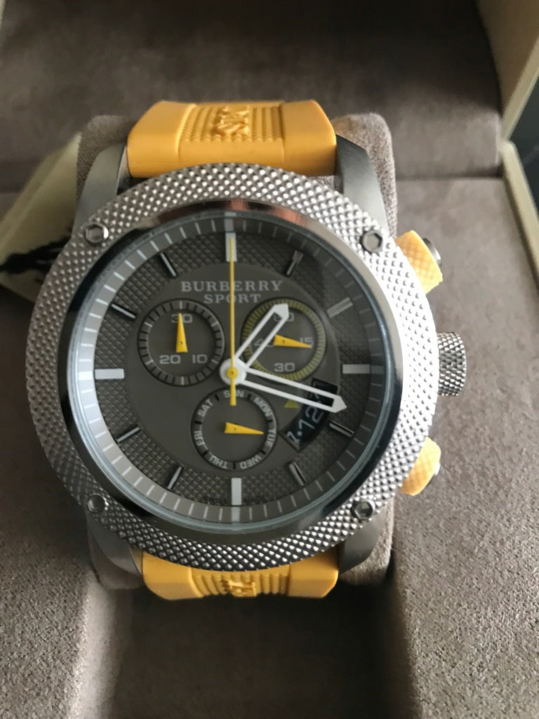 Burberry Sport Chronograph Grey Dial Yellow Rubber Strap Watch for Men - BU7712