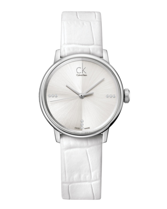 Calvin Klein Accent Silver Dial White Leather Strap Watch for Women - K2Y2Y1KW