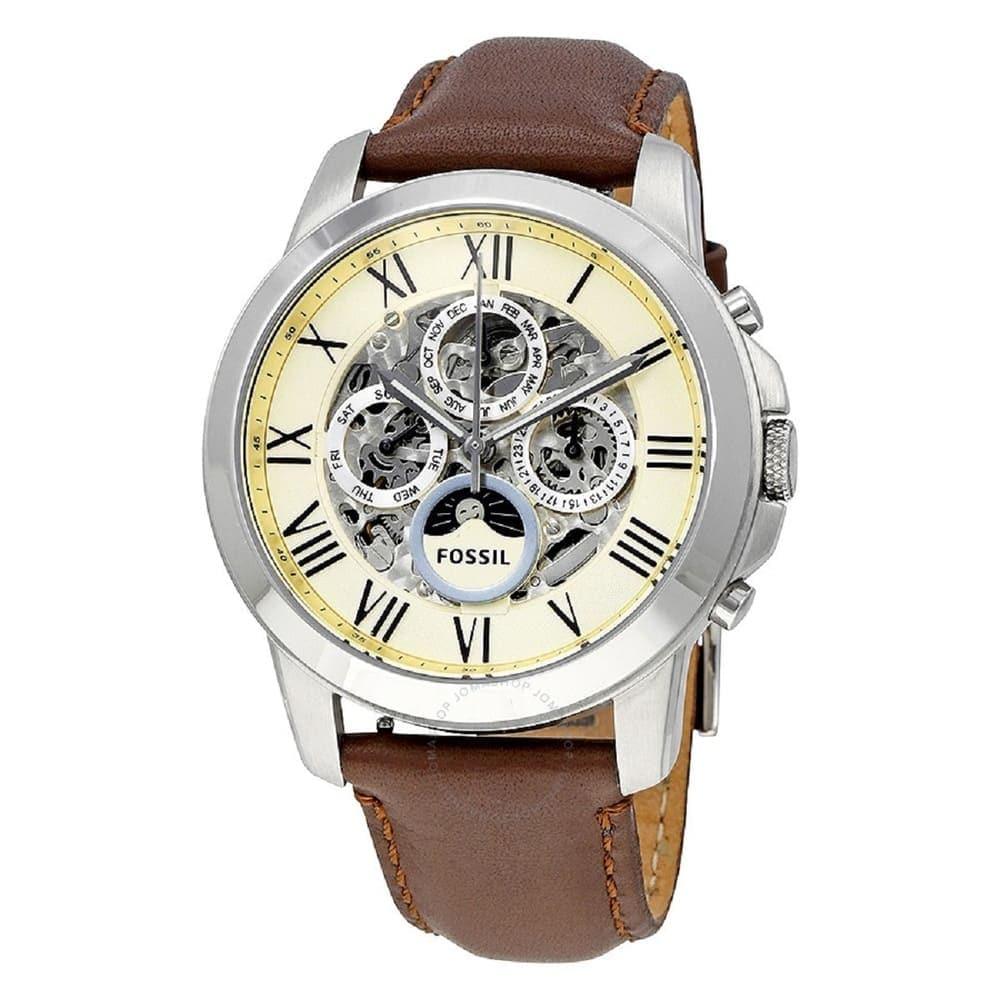 Fossil Grant Automatic Skeleton White Dial Brown Leather Strap Watch for Men -  ME3027