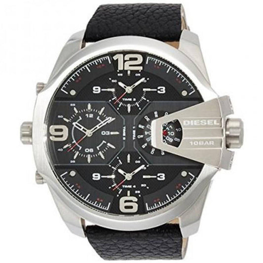 Diesel Uber Chief Oversized 4 Time Black Dial Leather Strap Watch For Men - DZ7376