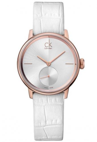 Calvin Klein Accent Silver Dial White Leather Strap Watch for Women - K2Y236K6