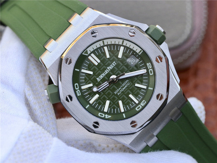 Audemars Piguet Royal Oak Offshore Diver Green Dial Green Rubber Strap Watch for Men - 15710ST.OO.A052CA.01