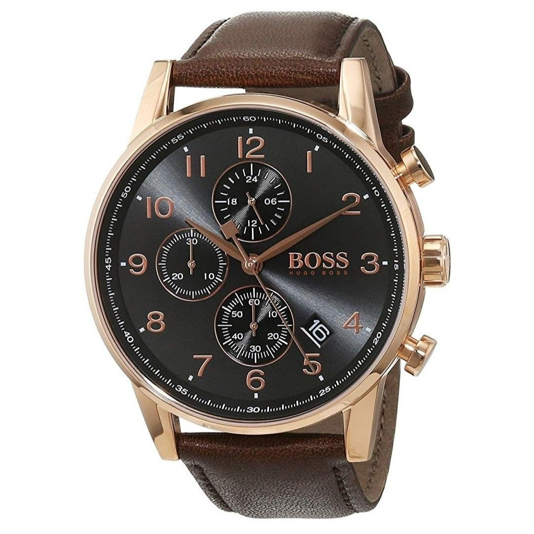 Hugo Boss Navigator Chronograph Grey Dial Brown Leather Strap Watch for Men - 1513496