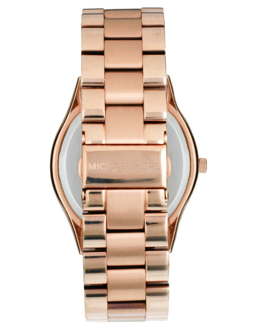 Michael Kors Slim Runway Brown Dial Rose Gold Stainless Steel Strap Watch for Women - MK3181