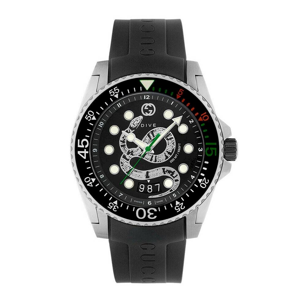 Gucci Dive Kingsnake Black Dial Black Rubber Strap Watch For Men - YA136217