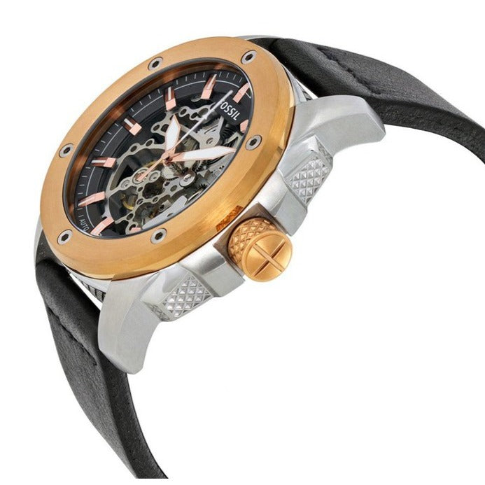 Fossil Modern Machine Automatic Skeleton Silver Dial Black Leather Strap Watch for Men - ME3082