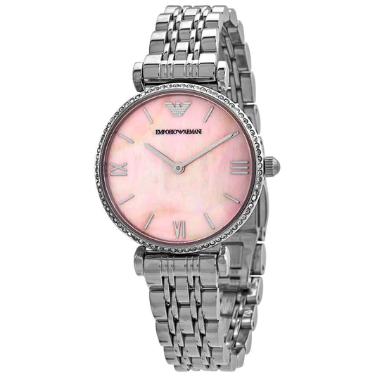 Emporio Armani Gianni T Bar Pink Mother of Pearl Dial Silver Stainless Steel Watch For Women - AR1779