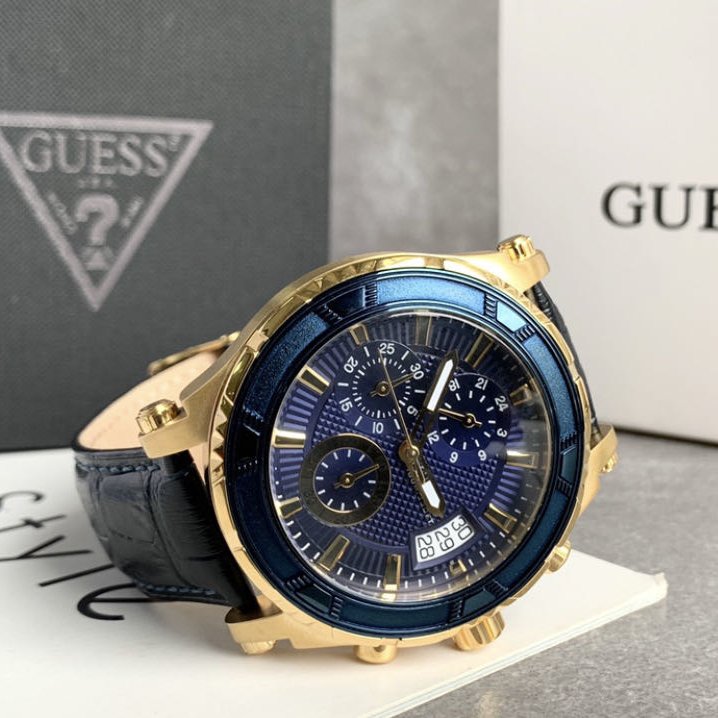 Guess Pinnacle Chronograph Quartz Blue Dial Blue Leather Strap Watch For Men - W0673G2