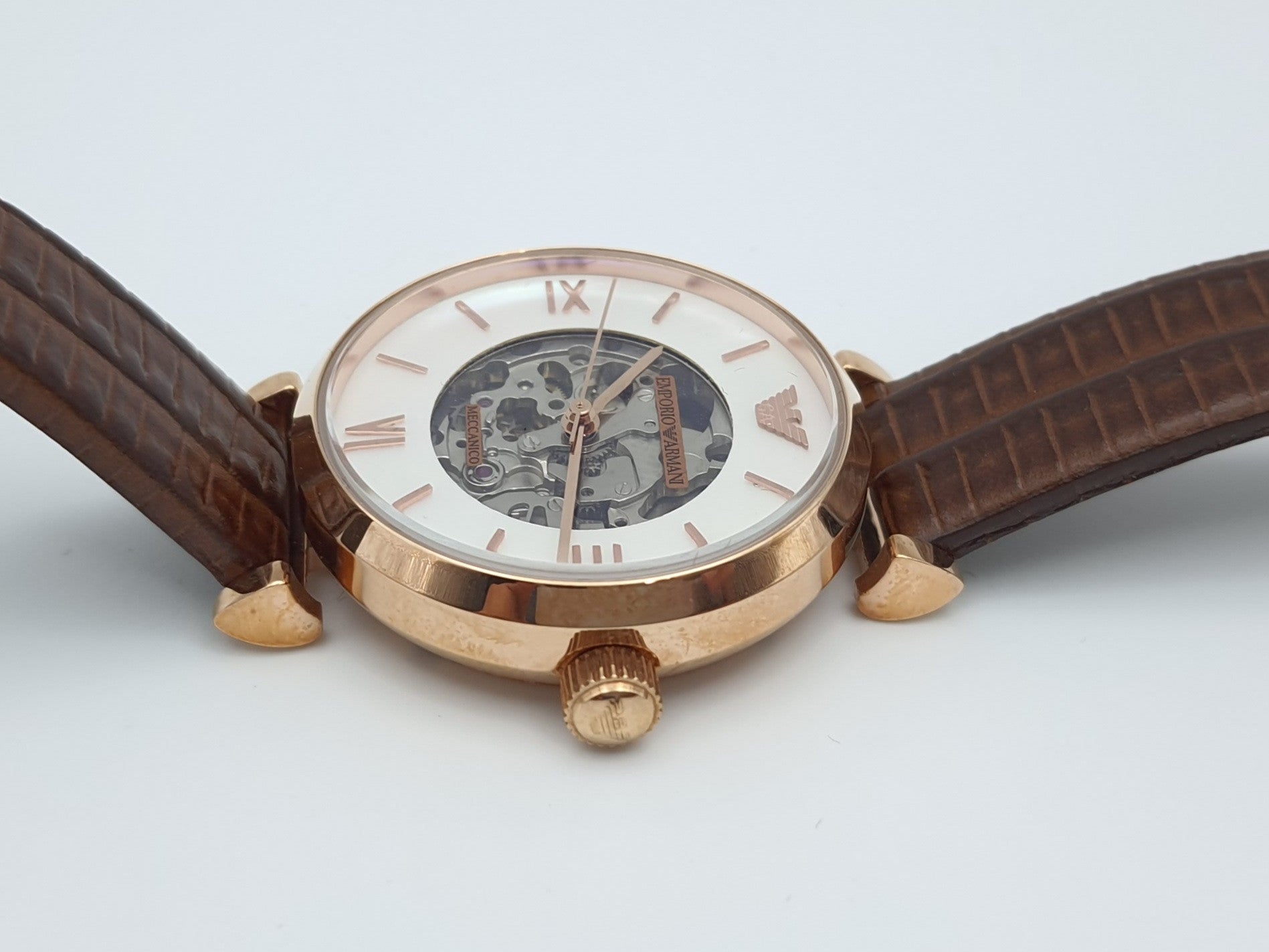 Emporio Armani Meccanico Mother of Pearl Skeleton Dial Brown Leather Strap Watch For Women - AR1993