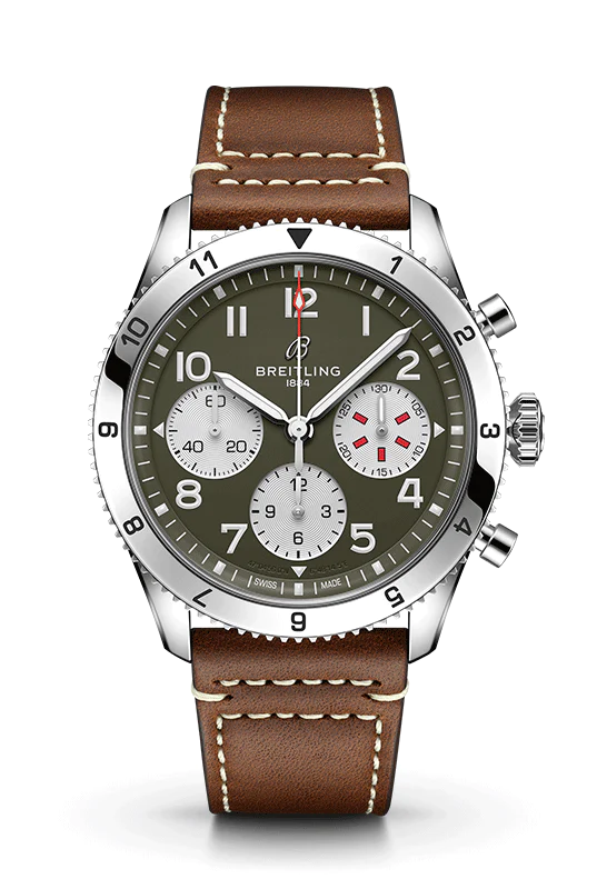 Breitling Avi Chronograph 42 Curtiss Warhawk Green Dial Brown Leather Strap Watch for Men - A233802A1L1X1