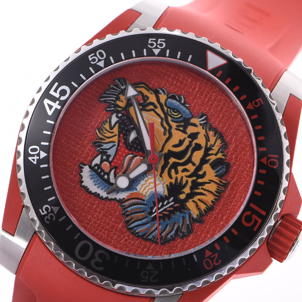 Gucci Dive Red Dial Red Emroidered Tiger Rubber Watch For Men - YA136315