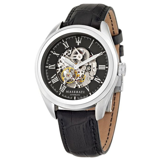 Maserati Traguardo Automatic Black Dial Black Leather Strap Watch For Men - R8871612001