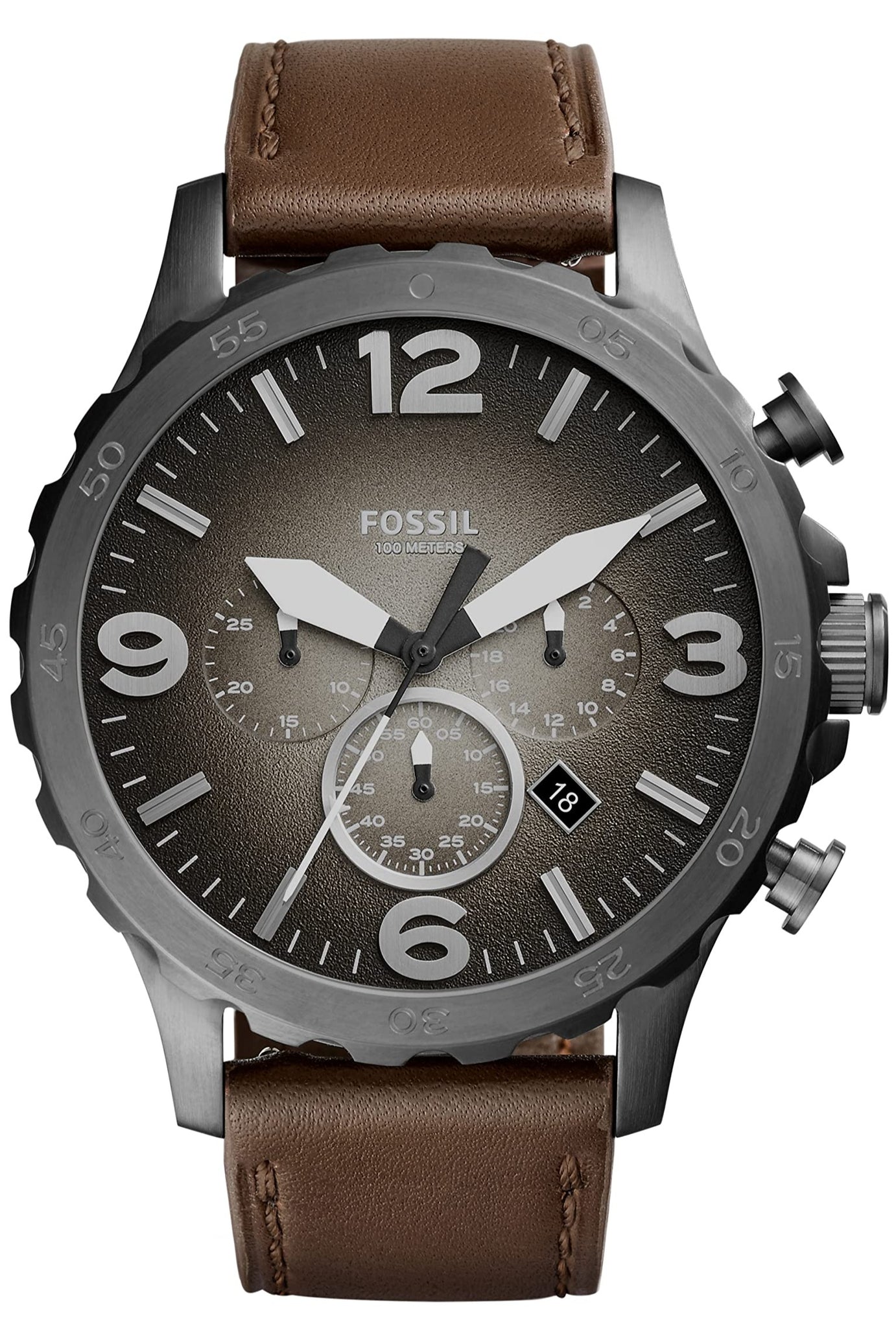 Fossil Nate Chronograph Grey Dial Brown Leather Strap Watch for Men - JR1424