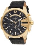 Diesel Mega Chief Gold & Black Dial Black Leather Strap Watch For Men - DZ4344