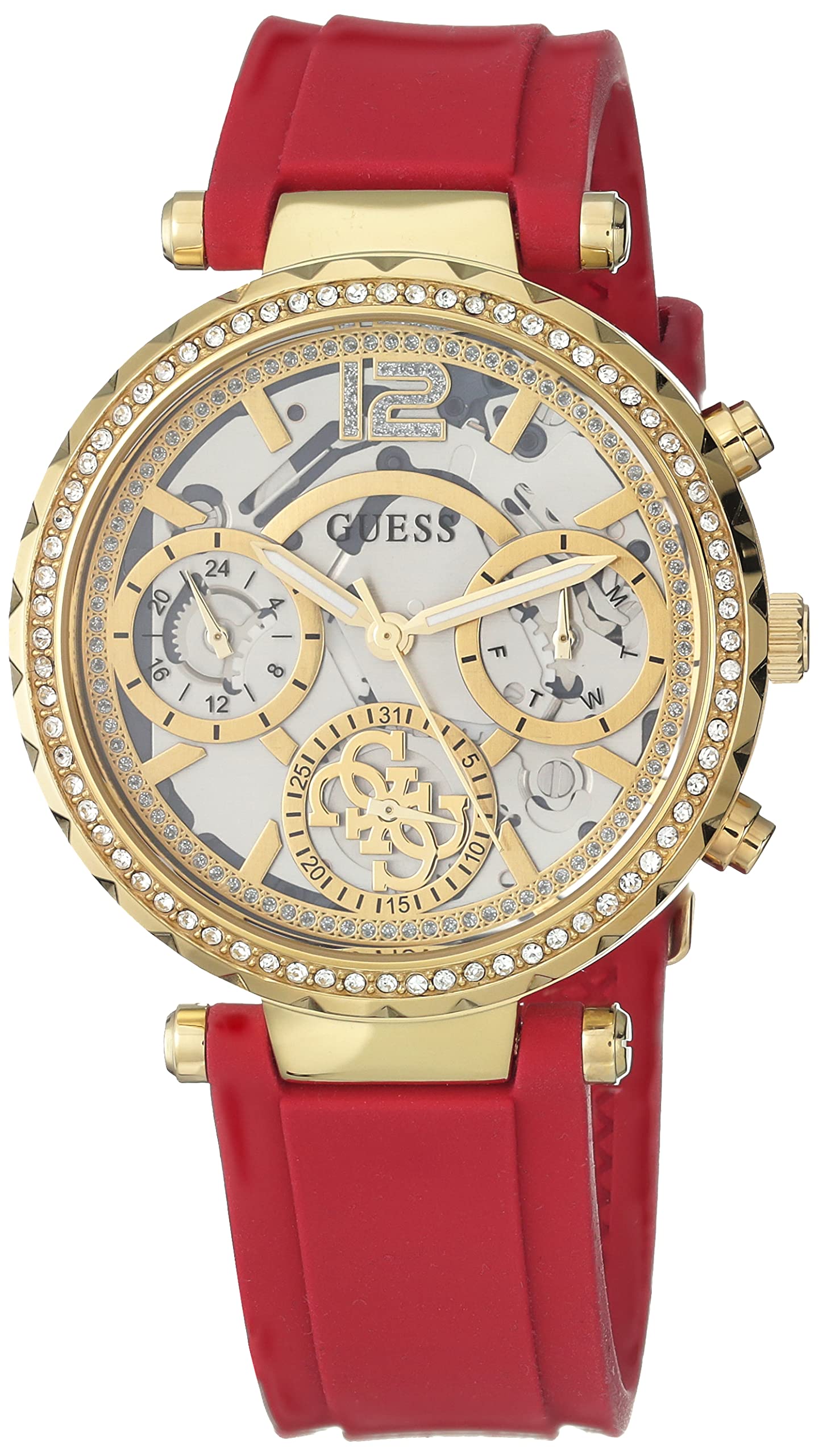 Guess Solstice Diamonds Gold Dial Red Rubber Strap Watch for Women - GW0484L1