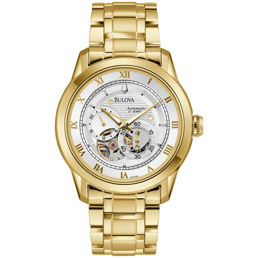 Bulova BVA Skeleton Silver Dial Gold Steel Strap Watch for Men - 97A108