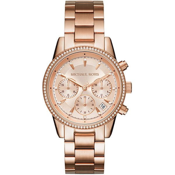 Michael Kors Ritz Chronograph Rose Gold Dial Steel Strap Watch for Women - MK6357