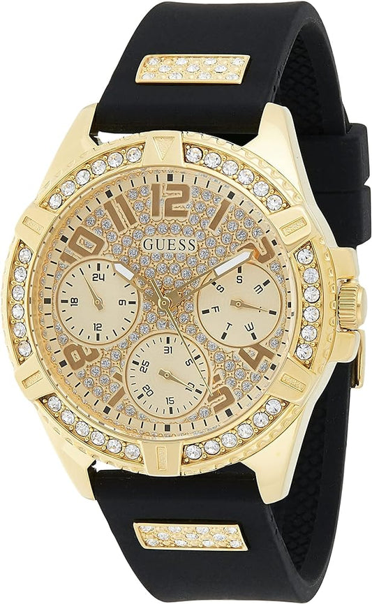 Guess Frontier Diamonds Gold Dial Black Rubber Strap Watch For Women - W1160L1