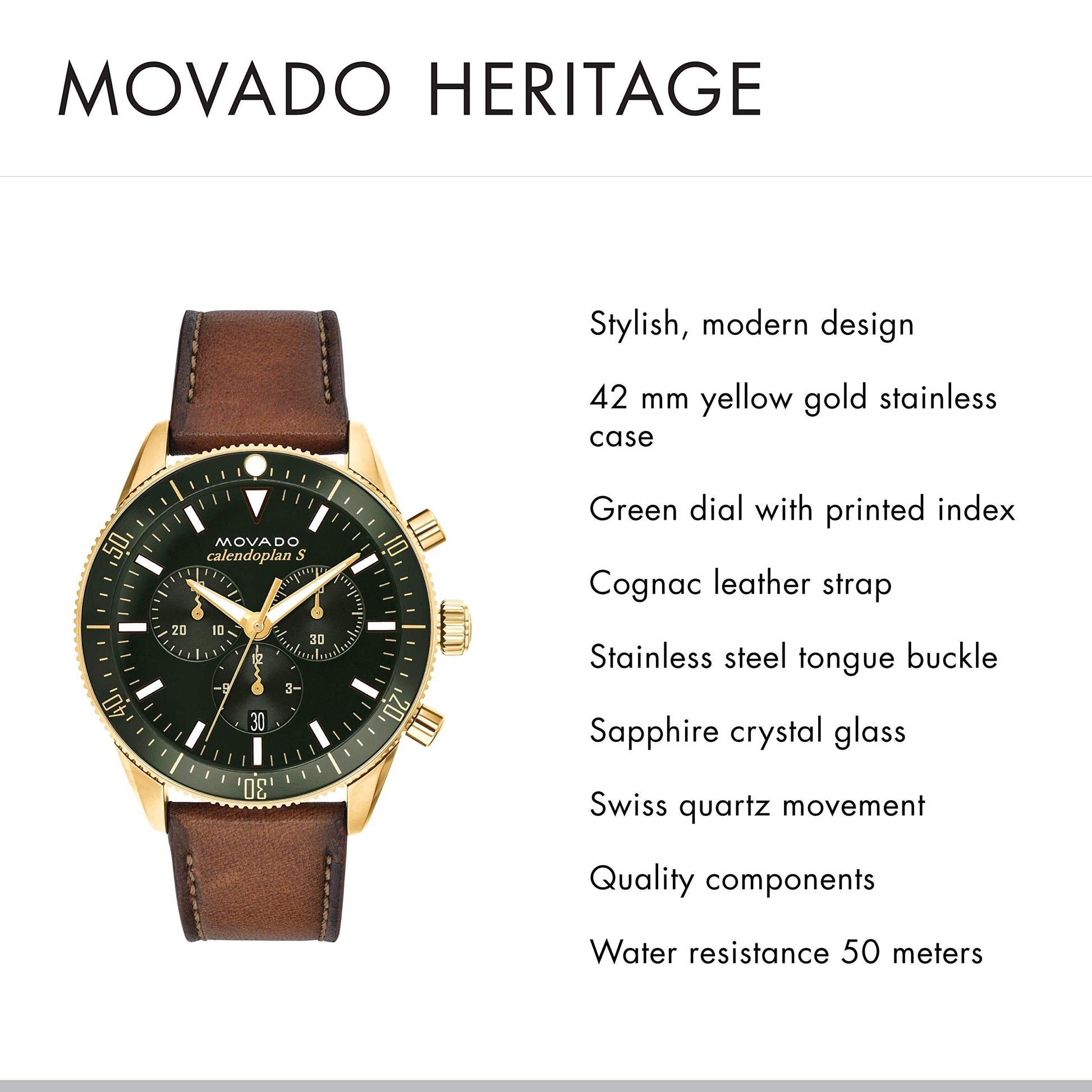 Movado Heritage 42mm Chronograph Green Dial Watch For Men - 3650062