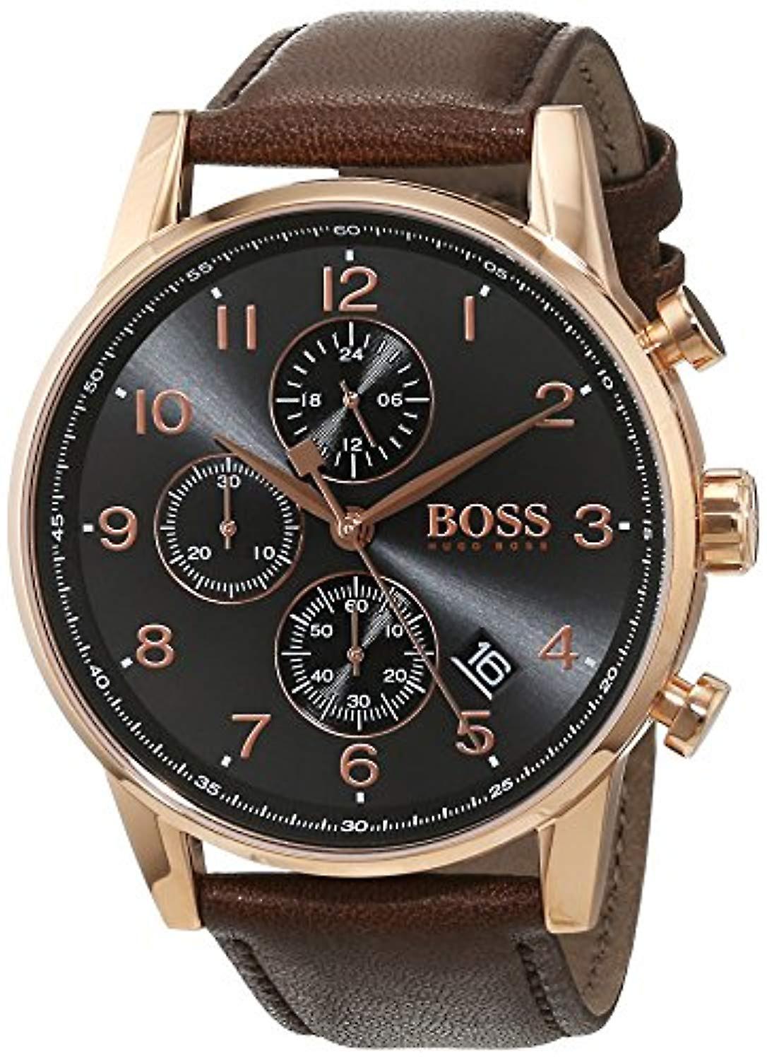 Hugo Boss Navigator Chronograph Grey Dial Brown Leather Strap Watch for Men - 1513496