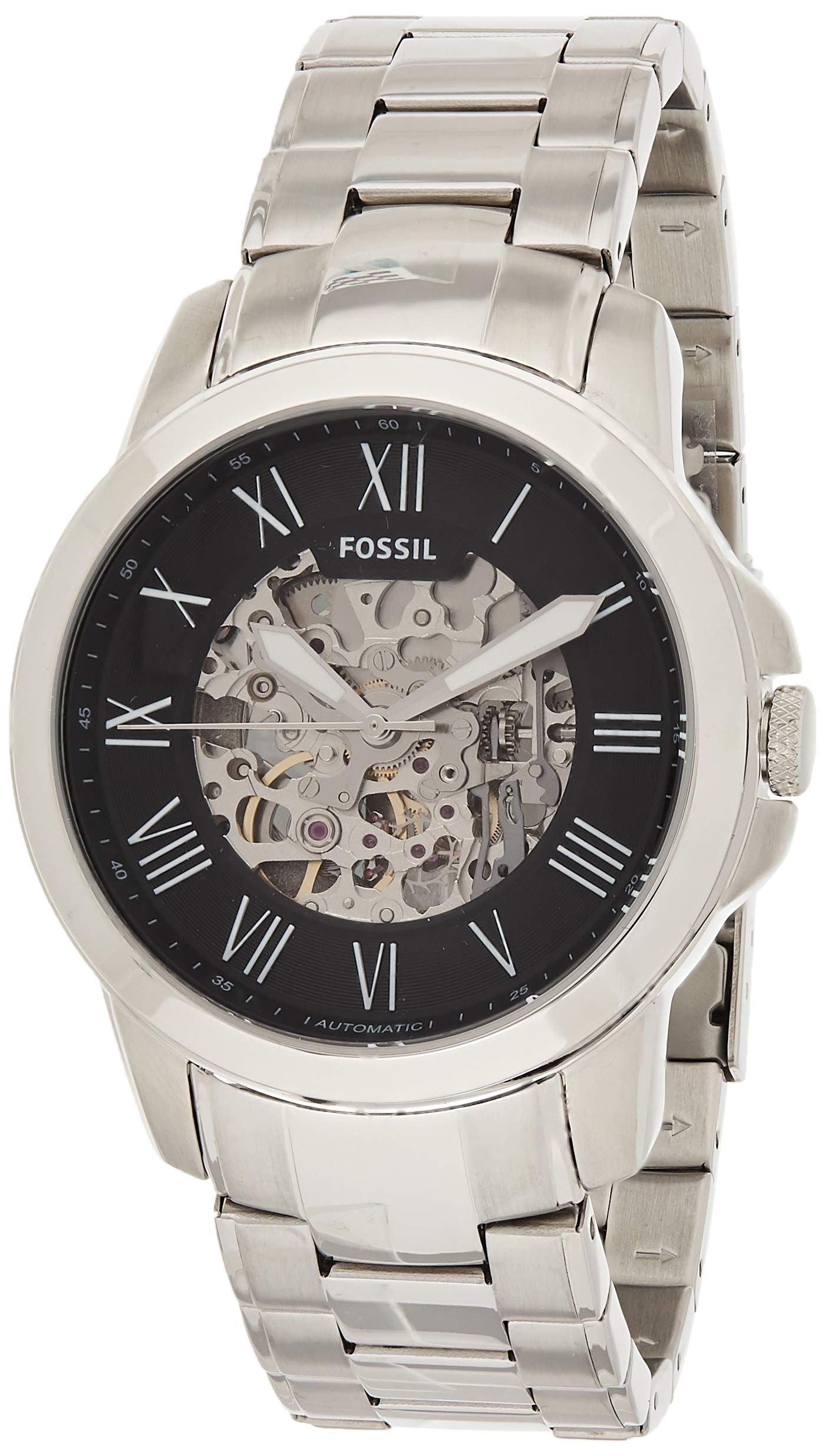 Fossil Grant Automatic Skeleton Black Dial Silver Steel Strap Watch for Men - ME3103