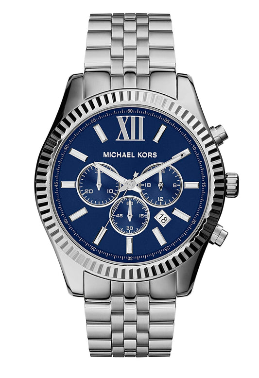 Michael Kors Lexington Chronograph Blue Dial Silver Steel Strap Watch for Men - MK8280