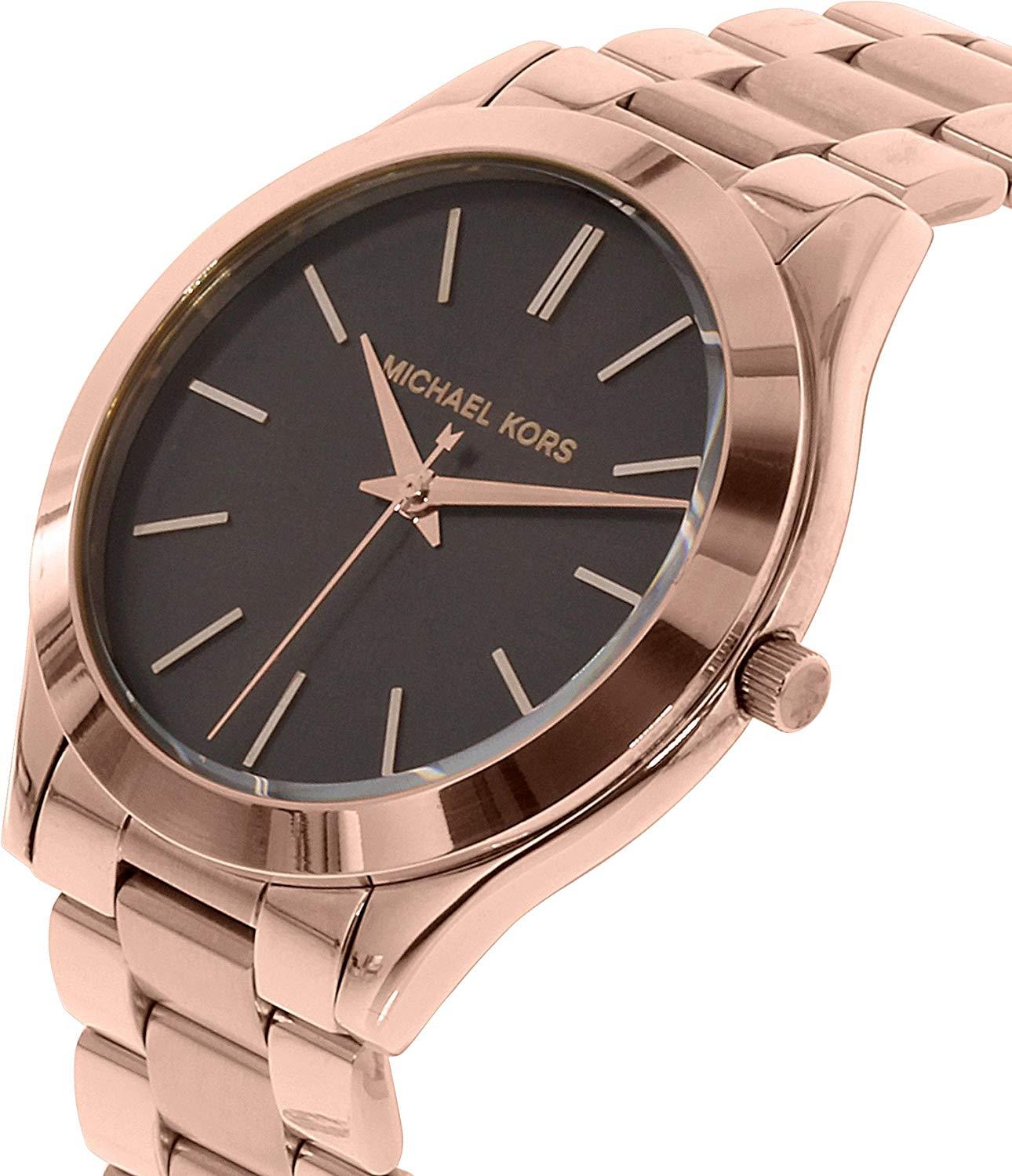 Michael Kors Slim Runway Brown Dial Rose Gold Stainless Steel Strap Watch for Women - MK3181