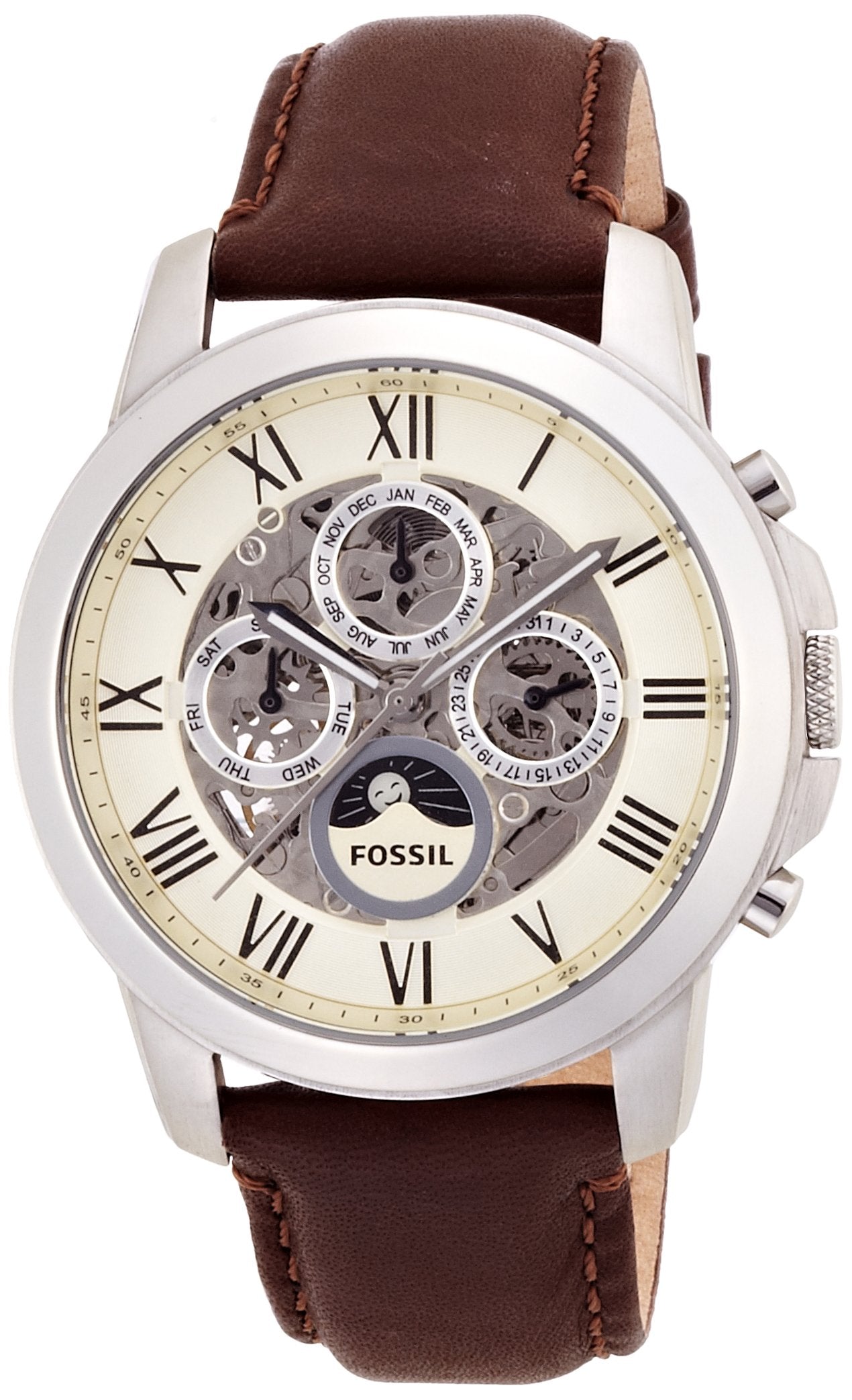 Fossil Grant Automatic Skeleton White Dial Brown Leather Strap Watch for Men -  ME3027