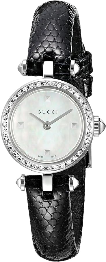 Gucci Diamantissima Diamonds Mother of Pearl Dial Black Leather Strap Watch For Women - YA141511