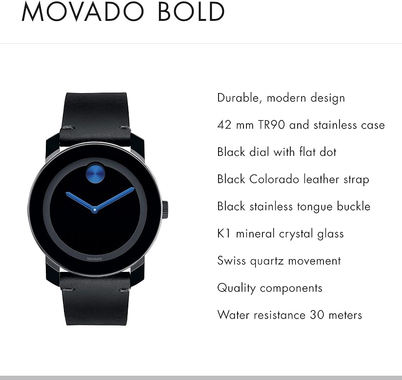 Movado Bold TR90 Black Dial Black Leather Strap Watch For Men - 3600307